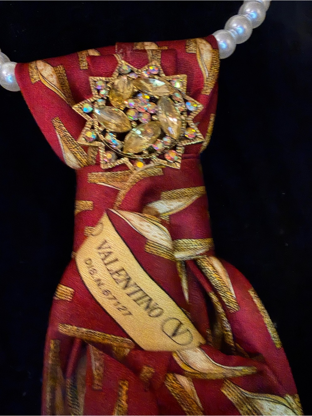 Valentino Red and Gold Silk Scarf with Jeweled Brooch
